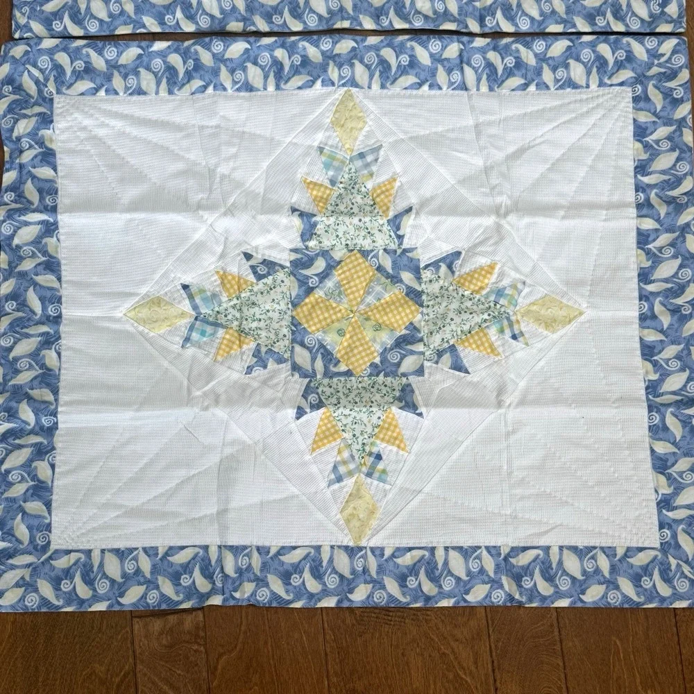 Vintage Pair Quilt Pillow Shams Blue Yellow Patchwork Star Floral Cottage 21x27